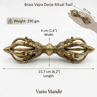 Brass Vajra Dorje Ritual Tool shown on a light background with measurement callouts indicating 15.7 cm length, 4 cm width, and a weight of 290 gm.