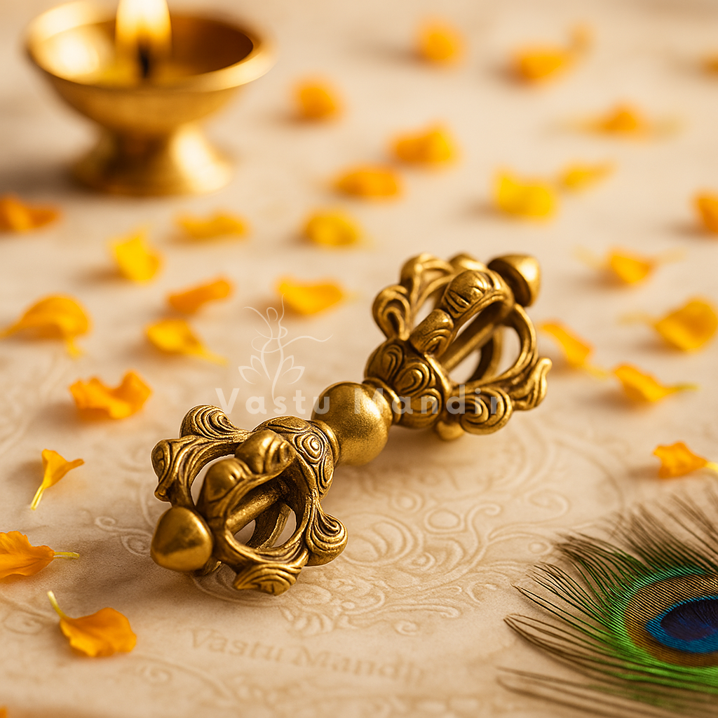 Small Brass Vajra – 100% Pure Brass Buddhist Dorje for Positive Energy on a textured surface with yellow flowers and a peacock feather.