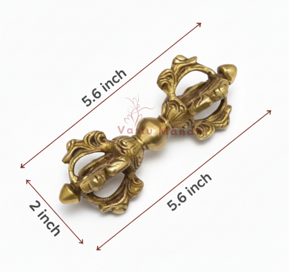 Brass Vajra Dorje with dimensions labeled on a white background
