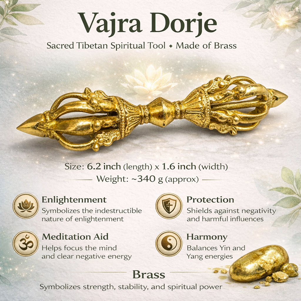Vajra Dorje sacred Tibetan spiritual tool made of brass with descriptive text on a decorative background.