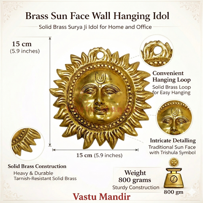Brass Sun Face Wall Hanging Idol with specifications on a white background