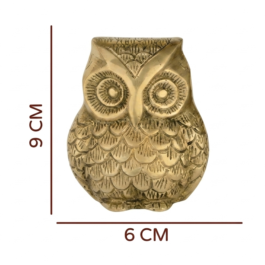 Brass owl figurine with dimensions on a white background