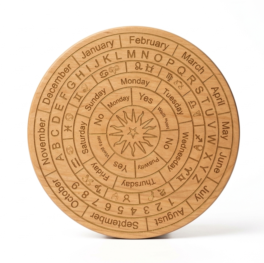 Wooden circular calendar with engraved text on a white background