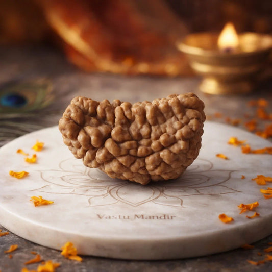 A certified 1 Mukhi half-moon Rudraksha on a marble plate with decorative elements and a lit candle in the background