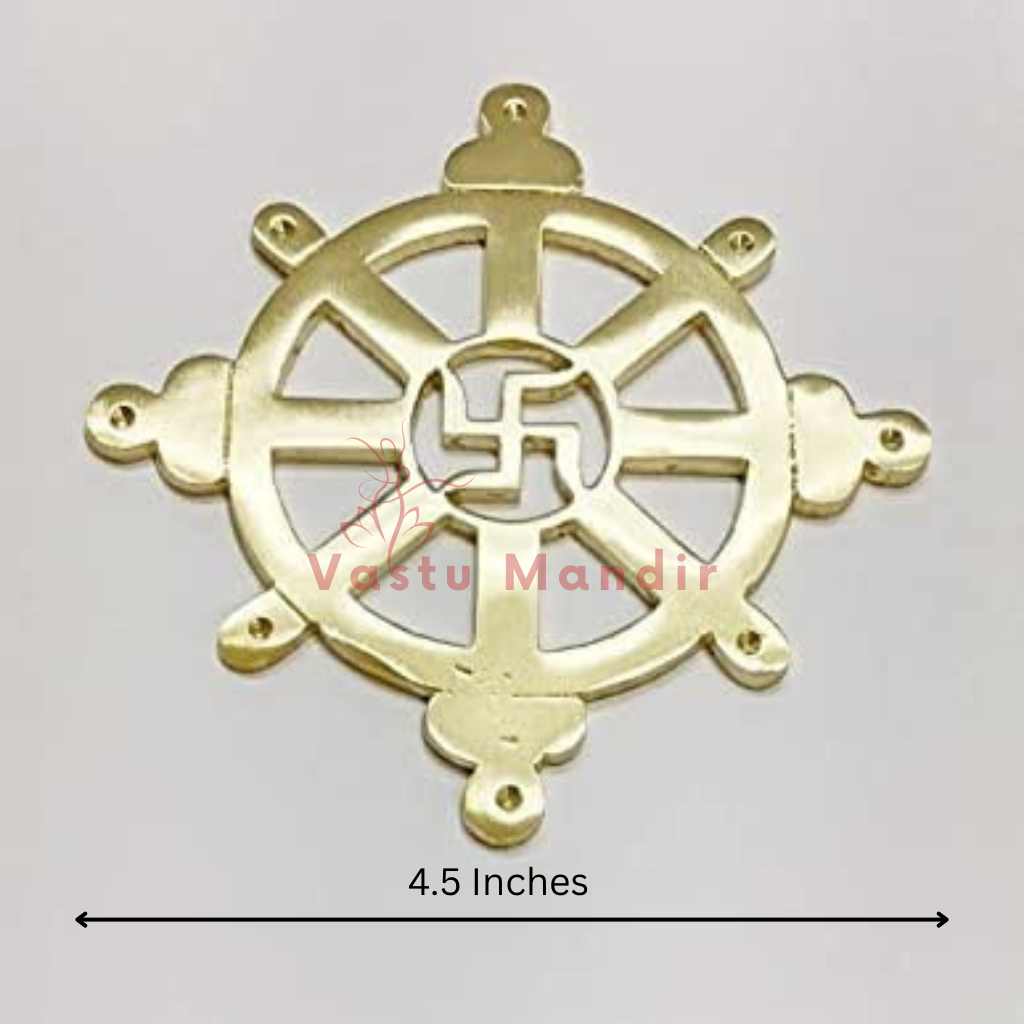 Brass Chakra Satiya symbol with swastika design on a grey background, branded 'Vastu Mandir'.