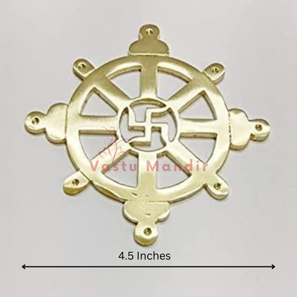 Brass Chakra Satiya symbol with swastika design on a grey background, branded 'Vastu Mandir'.