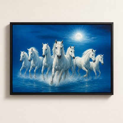 White Seven Running Horses Painting | Vastu Remedy for Wealth, Mental Peace & Growth Energy | 13 x 9 to 21.3 x 15.5 inches