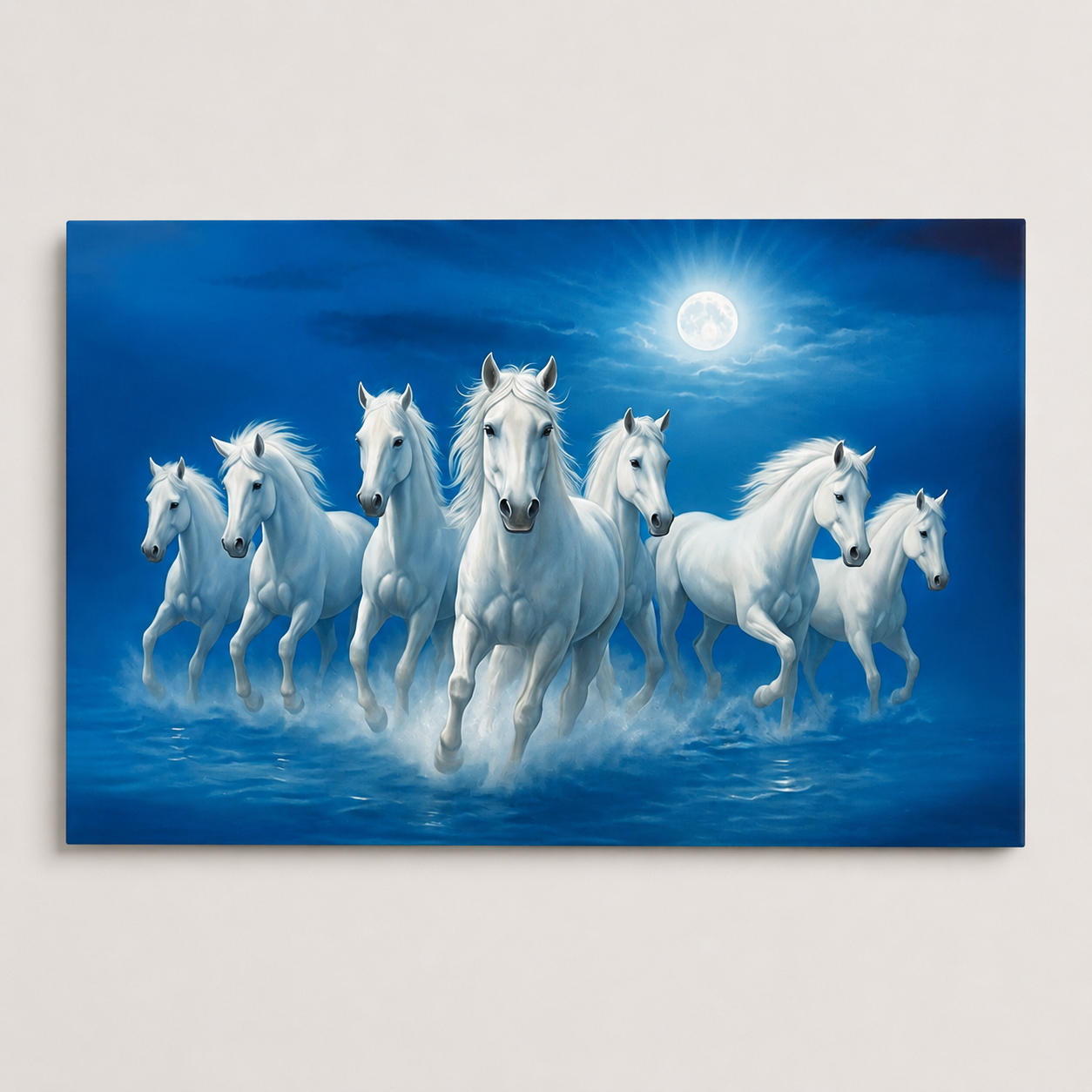 White Seven Running Horses Painting | Vastu Remedy for Wealth, Mental Peace & Growth Energy | 13 x 9 to 21.3 x 15.5 inches