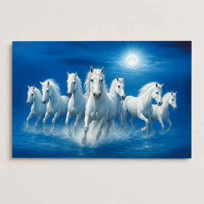 White Seven Running Horses Painting | Vastu Remedy for Wealth, Mental Peace & Growth Energy | 13 x 9 to 21.3 x 15.5 inches