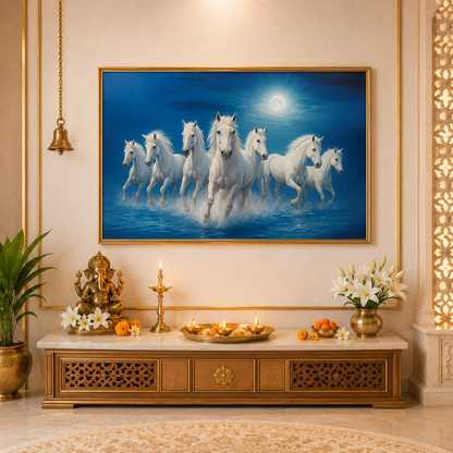 White Seven Running Horses Painting | Vastu Remedy for Wealth, Mental Peace & Growth Energy | 13 x 9 to 21.3 x 15.5 inches