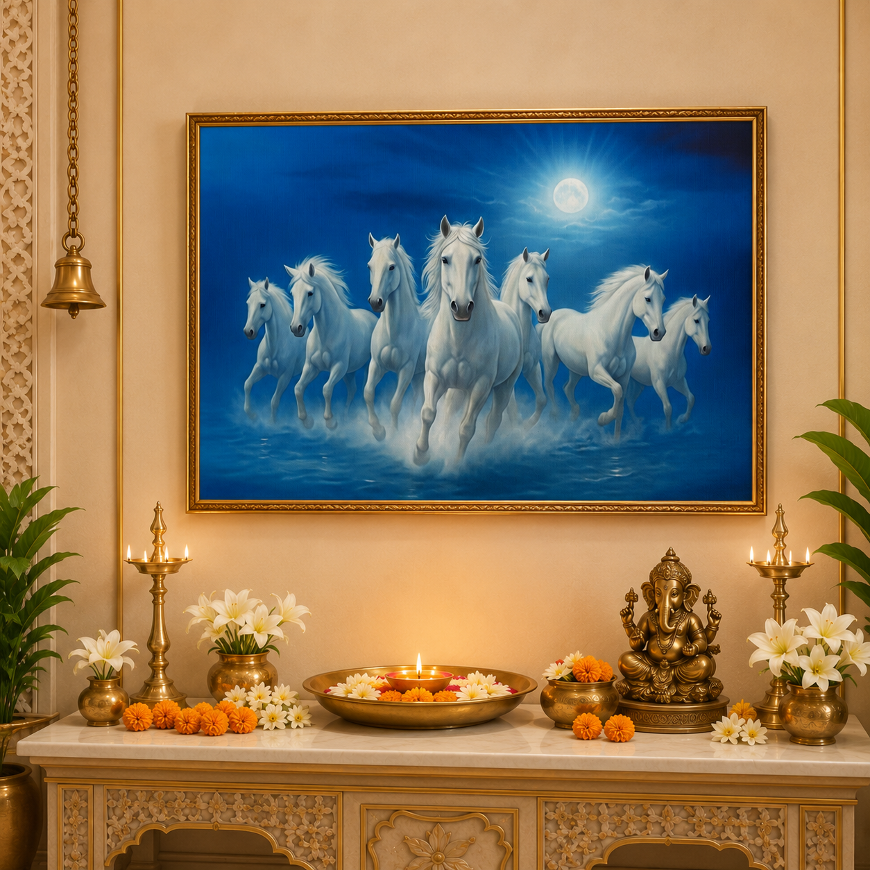 White Seven Running Horses Painting | Vastu Remedy for Wealth, Mental Peace & Growth Energy | 13 x 9 to 21.3 x 15.5 inches