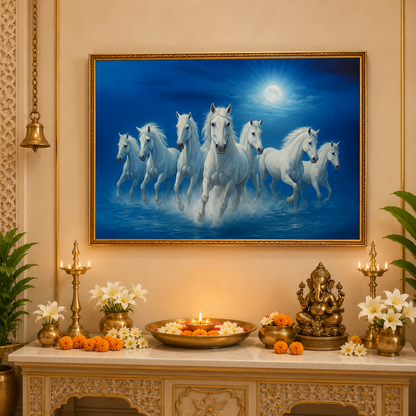 White Seven Running Horses Painting | Vastu Remedy for Wealth, Mental Peace & Growth Energy | 13 x 9 to 21.3 x 15.5 inches