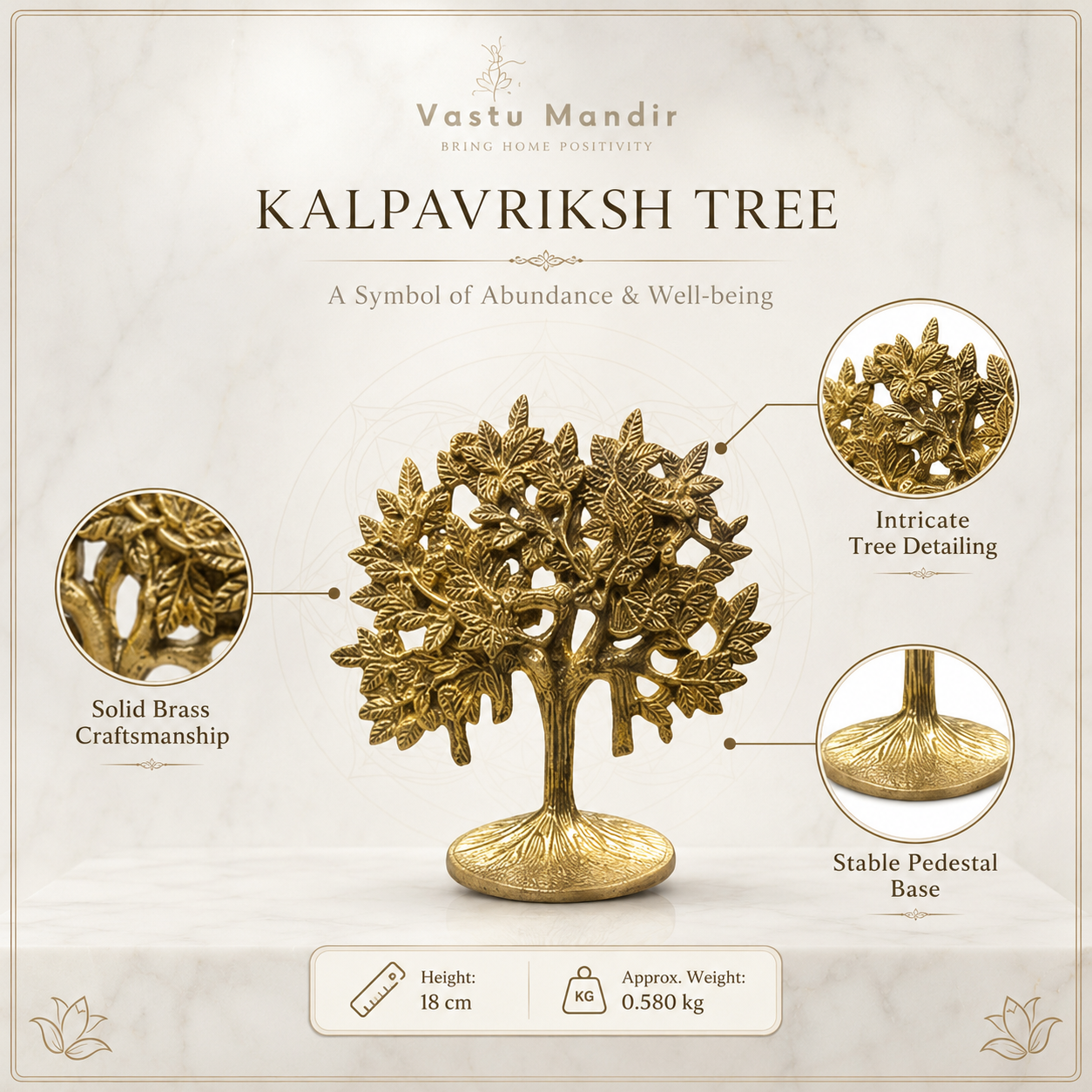Brass Kalpavriksha Tree | Vedic Vastu Sculpture for Wishes, Prosperity & Sacred Energy | 18 cm | 580 g