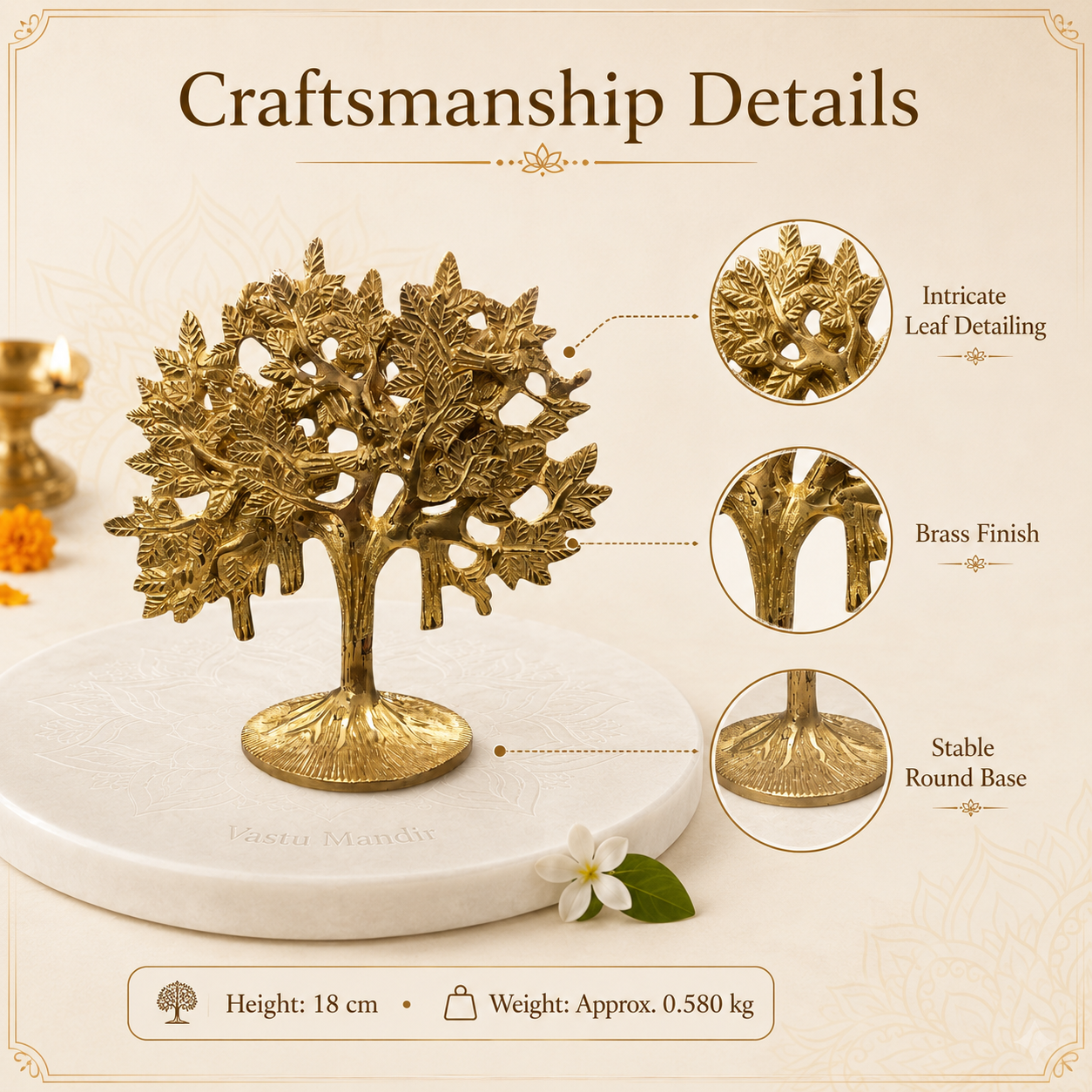 Brass Kalpavriksha Tree | Vedic Vastu Sculpture for Wishes, Prosperity & Sacred Energy | 18 cm | 580 g