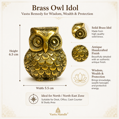 Brass Owl Idol Vastu Remedy for Wisdom, Wealth Guidance and Intuitive Clarity for Home, Office and Study Table Placement | 6 x 9 cm | 620 gm
