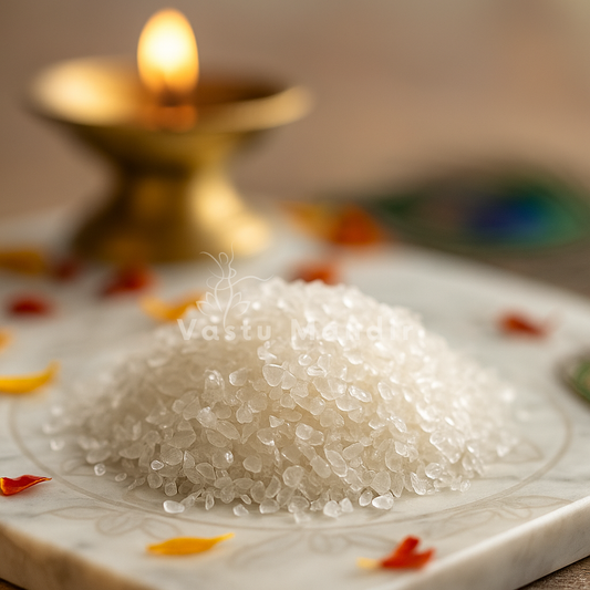 Clear Quartz Chips on a decorative plate with a blurred background