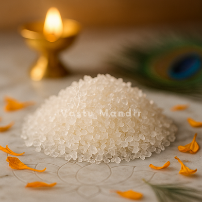 Stack of Clear Quartz Chips with a blurred background featuring a Diwali lamp and peacock feather.