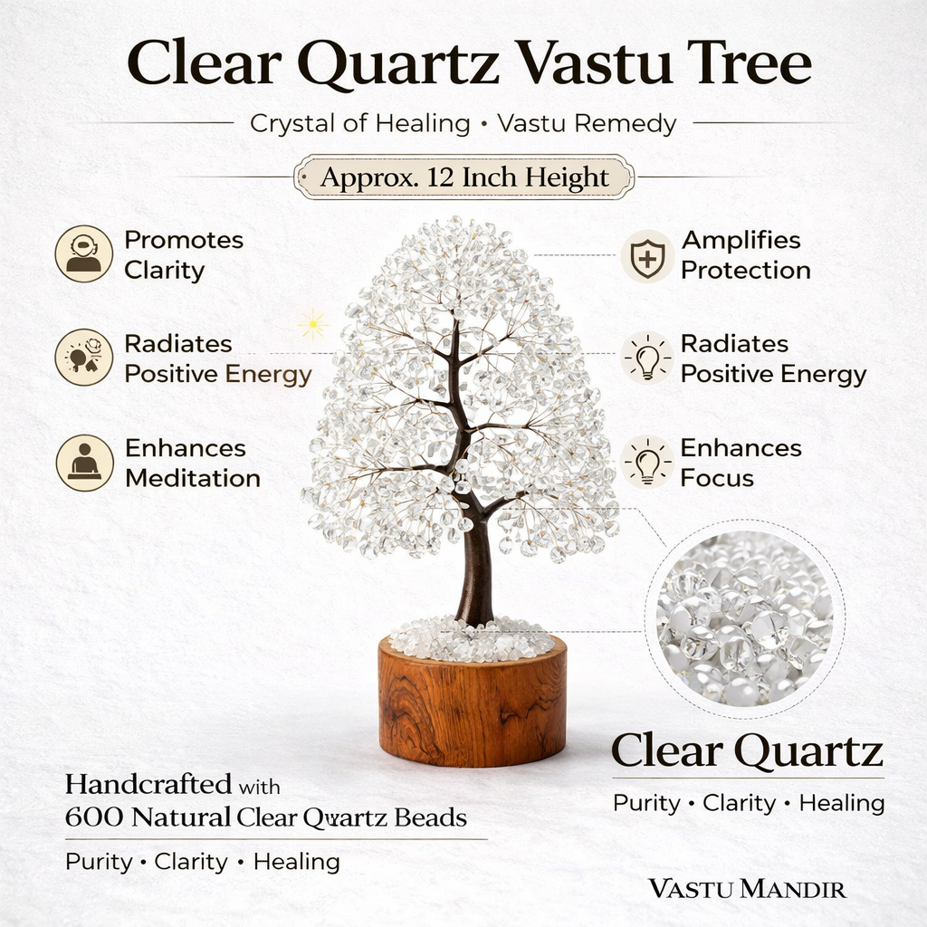 Clear Quartz Vastu Tree with crystal beads, labeled benefits, and branding information on a white background.