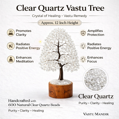 Clear Quartz Vastu Tree with crystal beads, labeled benefits, and branding information on a white background.