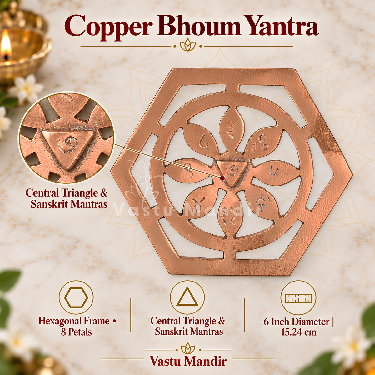 Copper Bhoum Yantra – Vastu Remedy for South & South-West Prosperity Support | Stability & Financial Growth | 6 Inch