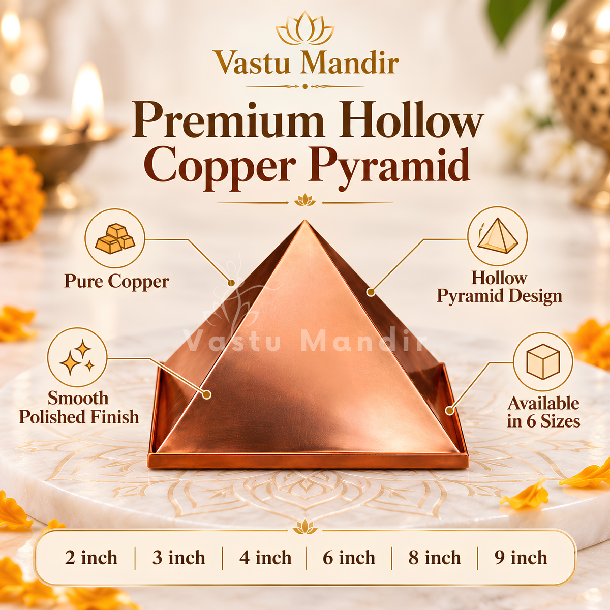 Hollow Copper Pyramid Vastu Remedy for Energy Correction, Space Purification and Healing Balance for Home, Office and Meditation Use | 7.6 cm | 160 g