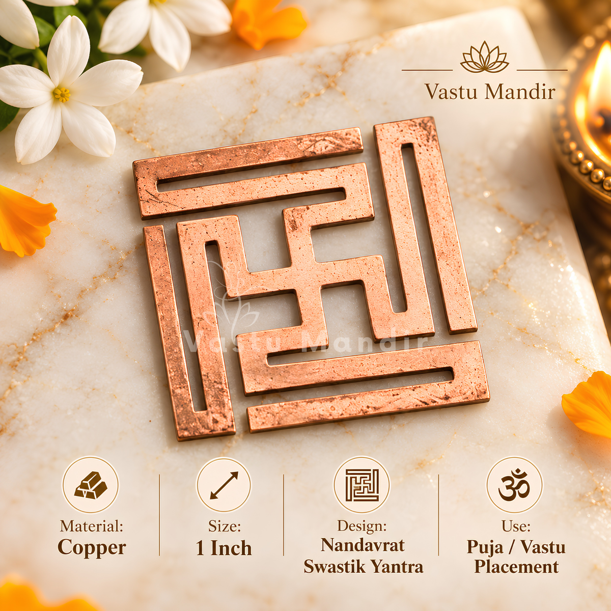 Copper Nandavrat Swastik Yantra – Vastu Remedy for Wall Defects | Entrance Energy Activation | 1 Inch