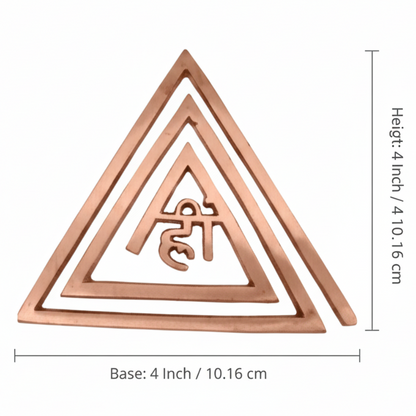 Triangular metal object with 'Hii' symbol and measurements on a white background