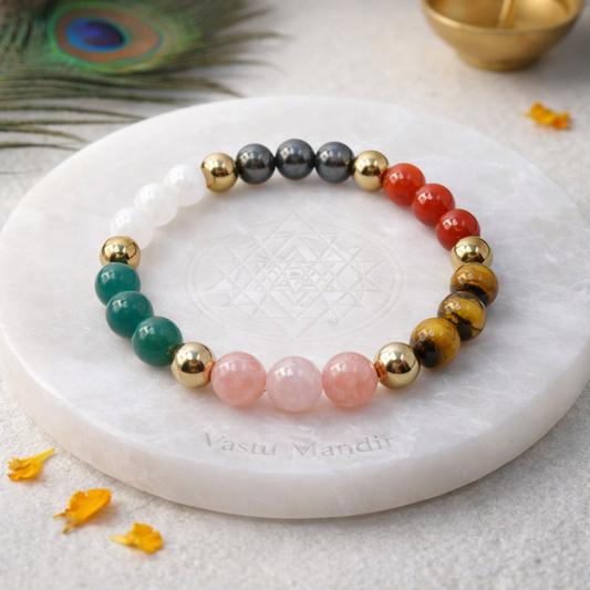 Dhan Vriddhi Bracelet — 8mm Beads on a white plate with a peacock feather and gold bowl in the background.