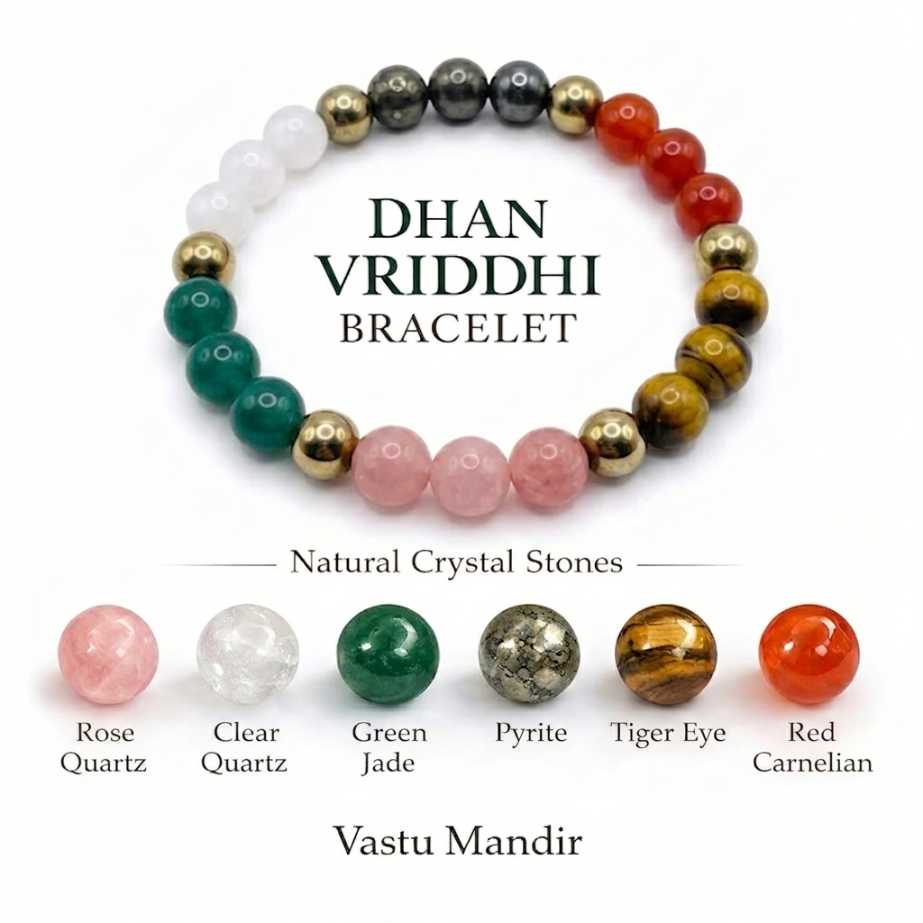 Dhan Vriddhi bracelet with natural crystal stones and their names displayed below on a white background.