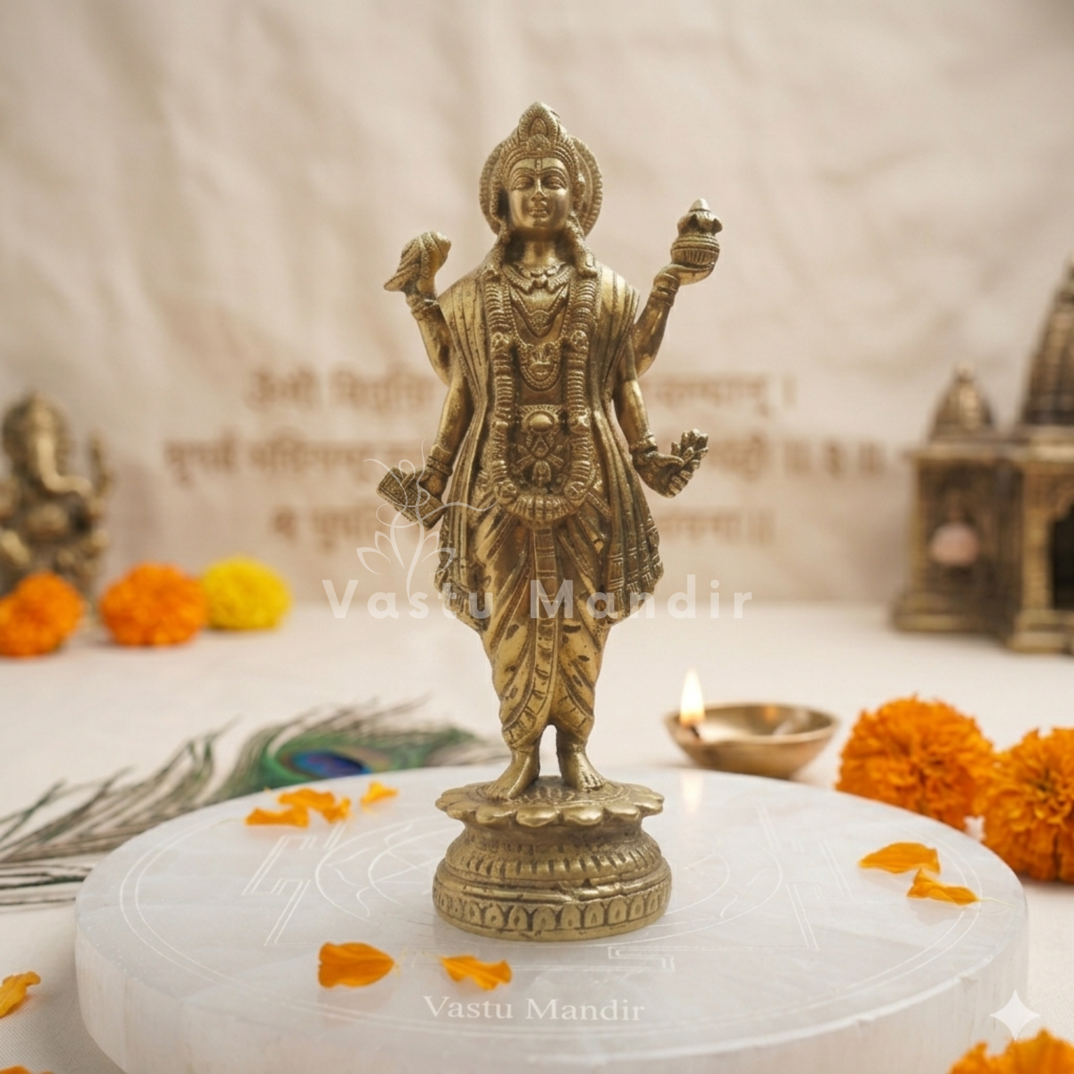 Brass Dhanvantri Idol on a white platform with flowers and a peacock feather in the background.