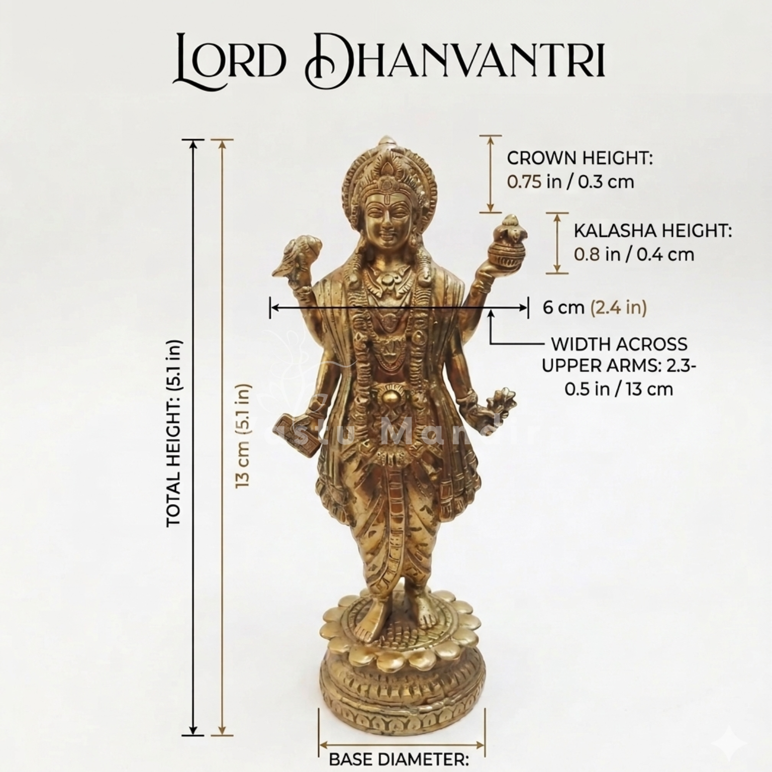Lord Dhanvantari statue with dimensions on a white background