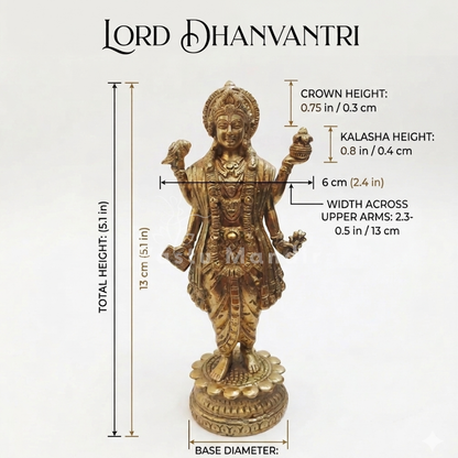 Lord Dhanvantari statue with dimensions on a white background