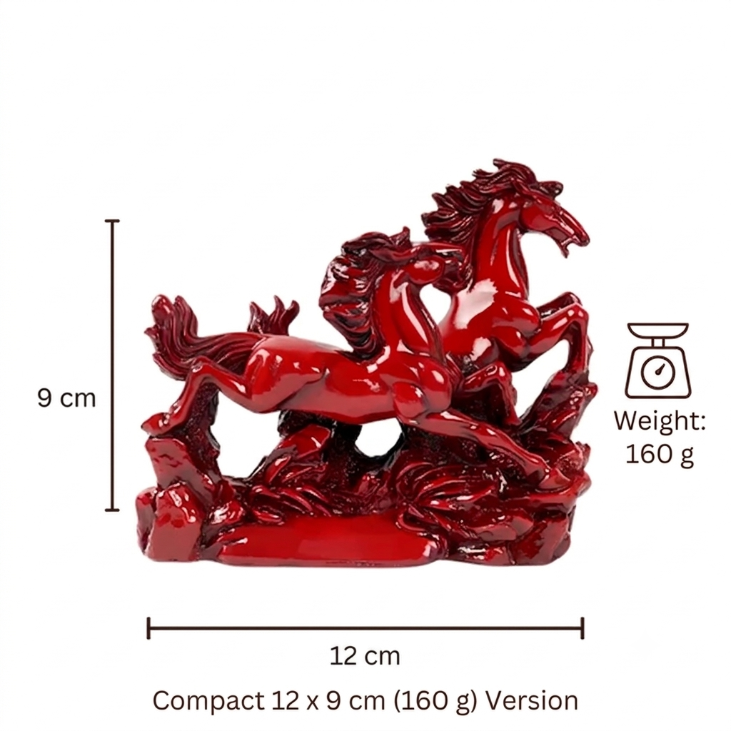 Dynamic 2 Red Running Horses Resin Sculpture Vastu Remedy for Speed, Success and Career Momentum | for Office Desk, Business Spaces and Home Decor | 21 x 16 cm | 385 g