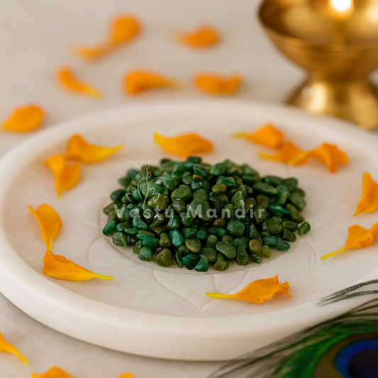 Emerald Chips on a white plate with orange petals, Vessy Mandir logo visible