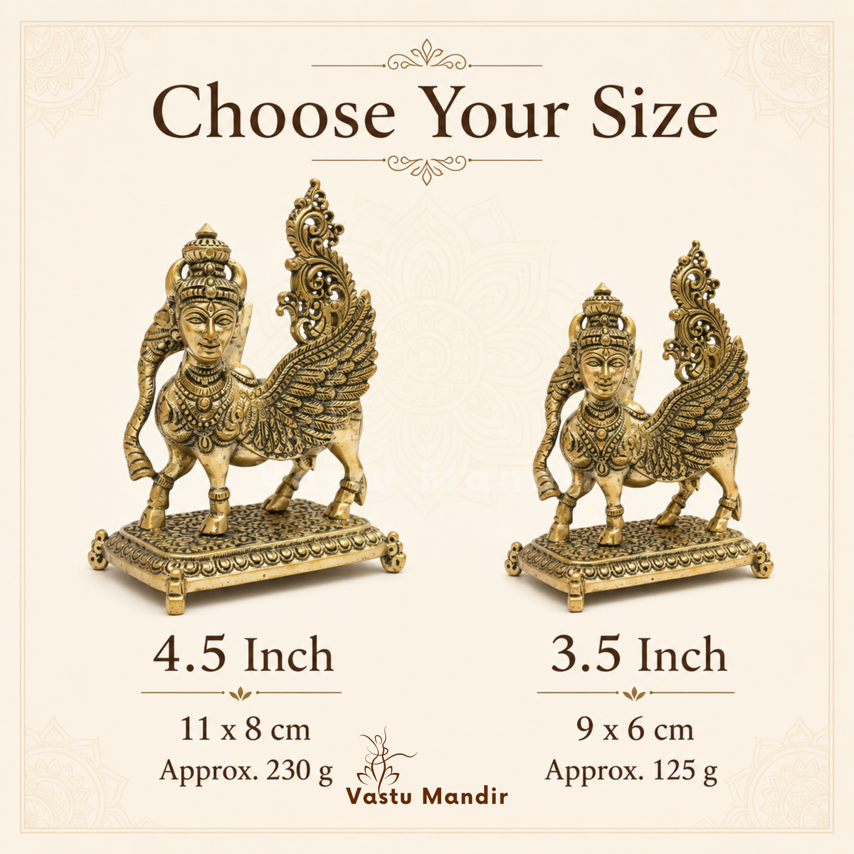 Flying Kamdhenu cow brass idol size comparison of the two flying Kamdhenu cow idols