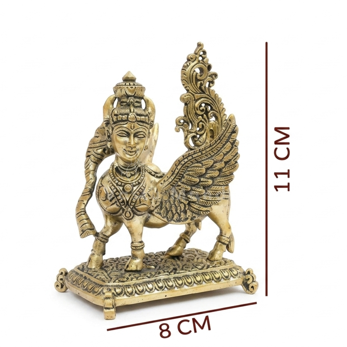 Flying Kamdhenu cow brass idol alternate full-length view against a light background