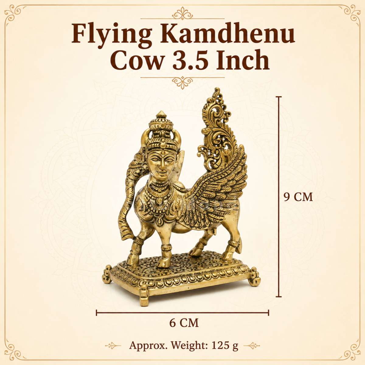Flying Kamdhenu cow brass idol dimension and weight infographic for the alternate size