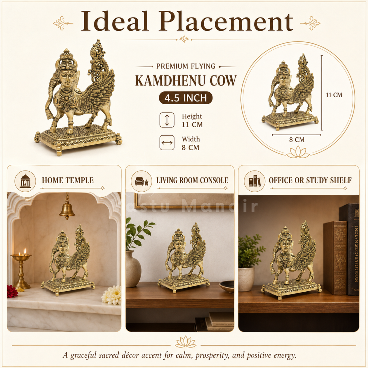 Flying Kamdhenu cow brass idol placement infographic for home and office display
