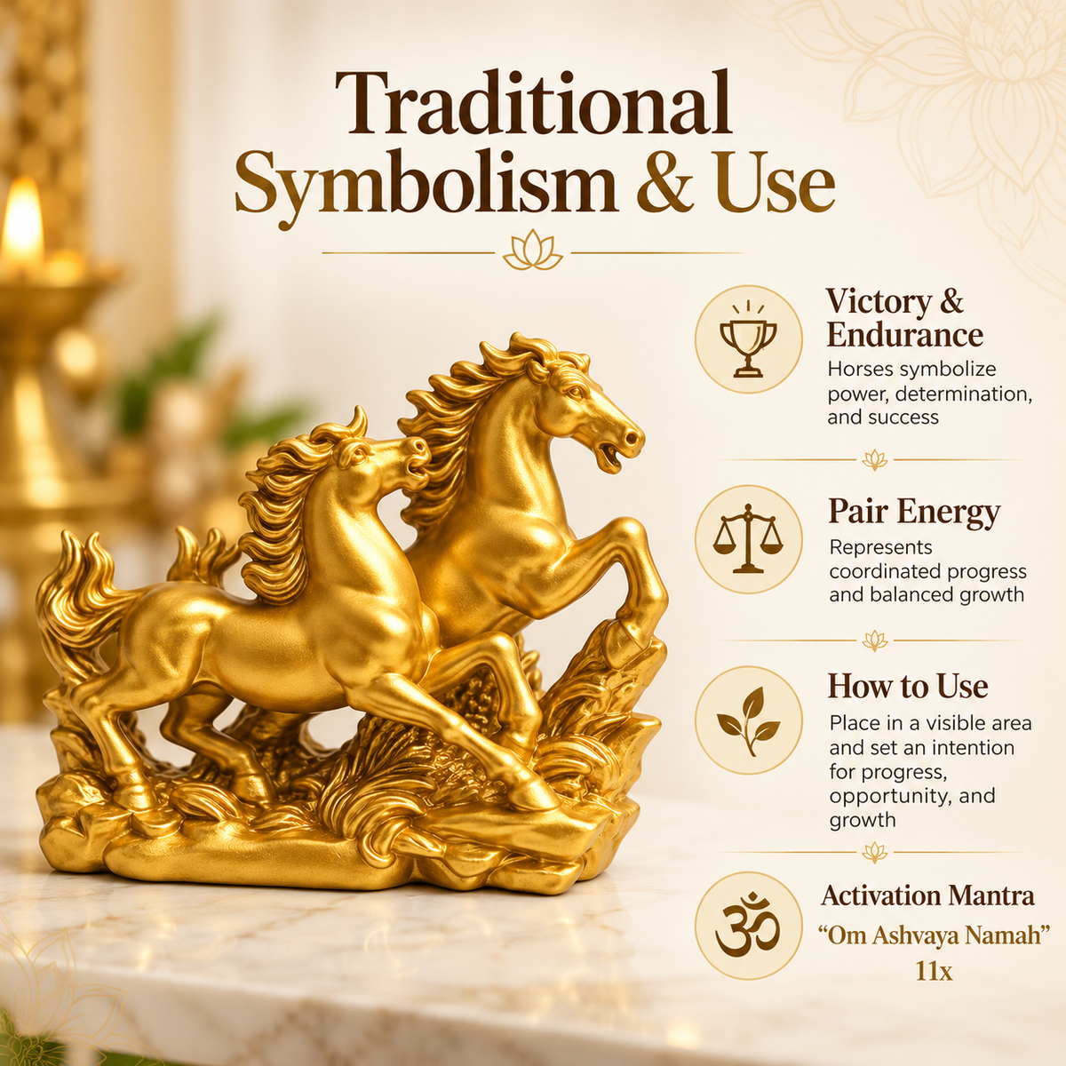 Radiant Golden Running Horses Pair Resin Sculpture Vastu Remedy for Prosperity, Opportunity Attraction and Business Growth for Office Desk, Living Room and Home Decor | 20 x 8 x 16 cm | 550 gm