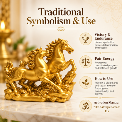 Radiant Golden Running Horses Pair Resin Sculpture Vastu Remedy for Prosperity, Opportunity Attraction and Business Growth for Office Desk, Living Room and Home Decor | 20 x 8 x 16 cm | 550 gm