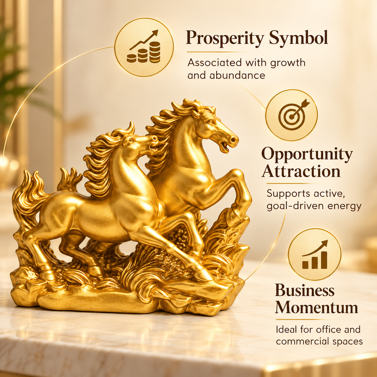 Radiant Golden Running Horses Pair Resin Sculpture Vastu Remedy for Prosperity, Opportunity Attraction and Business Growth for Office Desk, Living Room and Home Decor | 20 x 8 x 16 cm | 550 gm