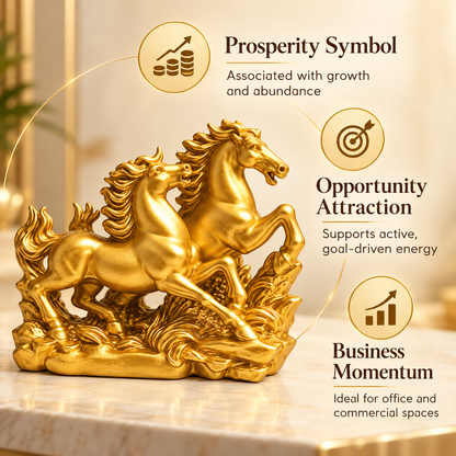 Radiant Golden Running Horses Pair Resin Sculpture Vastu Remedy for Prosperity, Opportunity Attraction and Business Growth for Office Desk, Living Room and Home Decor | 20 x 8 x 16 cm | 550 gm