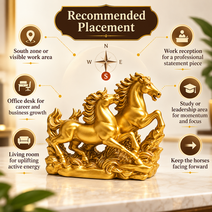 Radiant Golden Running Horses Pair Resin Sculpture Vastu Remedy for Prosperity, Opportunity Attraction and Business Growth for Office Desk, Living Room and Home Decor | 20 x 8 x 16 cm | 550 gm
