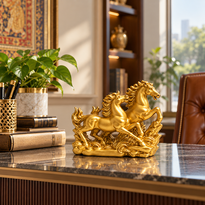 Radiant Golden Running Horses Pair Resin Sculpture Vastu Remedy for Prosperity, Opportunity Attraction and Business Growth for Office Desk, Living Room and Home Decor | 20 x 8 x 16 cm | 550 gm