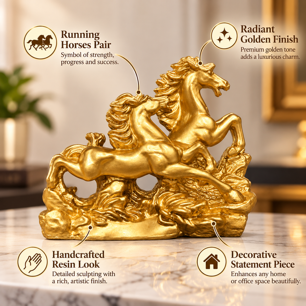 Radiant Golden Running Horses Pair Resin Sculpture Vastu Remedy for Prosperity, Opportunity Attraction and Business Growth for Office Desk, Living Room and Home Decor | 20 x 8 x 16 cm | 550 gm