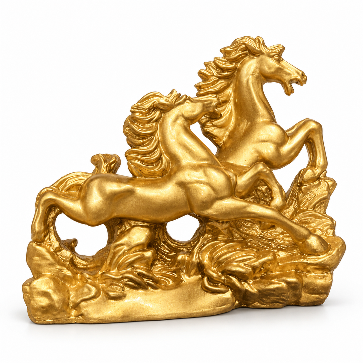 Radiant Golden Running Horses Pair Resin Sculpture Vastu Remedy for Prosperity, Opportunity Attraction and Business Growth for Office Desk, Living Room and Home Decor | 20 x 8 x 16 cm | 550 gm