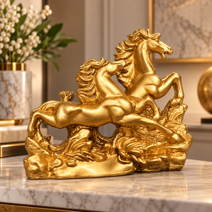 Radiant Golden Running Horses Pair Resin Sculpture Vastu Remedy for Prosperity, Opportunity Attraction and Business Growth for Office Desk, Living Room and Home Decor | 20 x 8 x 16 cm | 550 gm