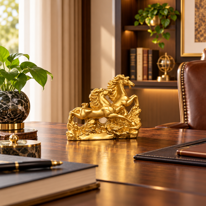 Radiant Golden Running Horses Pair Resin Sculpture Vastu Remedy for Prosperity, Opportunity Attraction and Business Growth for Office Desk, Living Room and Home Decor | 20 x 8 x 16 cm | 550 gm