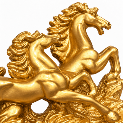Radiant Golden Running Horses Pair Resin Sculpture Vastu Remedy for Prosperity, Opportunity Attraction and Business Growth for Office Desk, Living Room and Home Decor | 20 x 8 x 16 cm | 550 gm