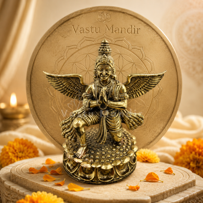 Garud Dev brass idol in front of a Vastu Mandir emblem with marigold flowers